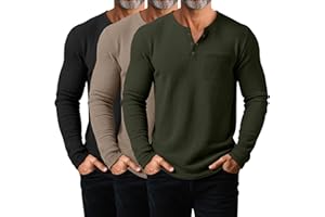 August Alley 3 Pack Men's Waffle Henley Long Sleeve Thermal Shirts, Casual Regular Fit Undershirts Pullover Tops with Pockets