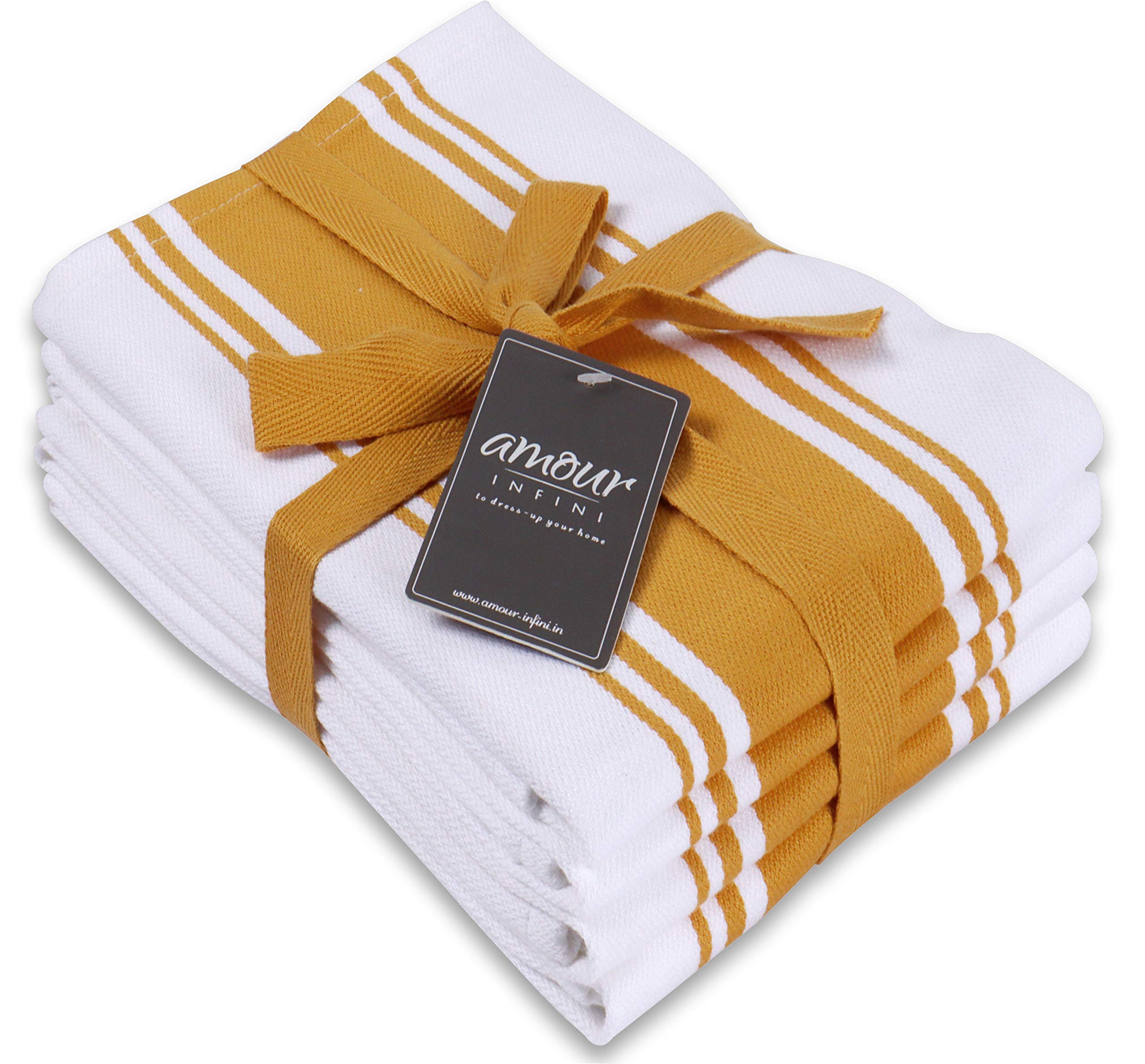 AMOUR INFINI Kitchen Tea Towels Classic Vintage Stripe Kitchen Towels Set of 4, 50 x 70 cm Multi-use Dish Towels With Hanging Loop 100% Ring Spun Premium Cotton Highly Absorbent Kitchen Towel | Yellow