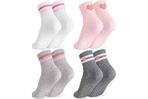 Jspupifip 4 Pairs Girls Cotton Socks, Kids Pink Crew Athletic Socks with Hearts Striped for Girls and Boys