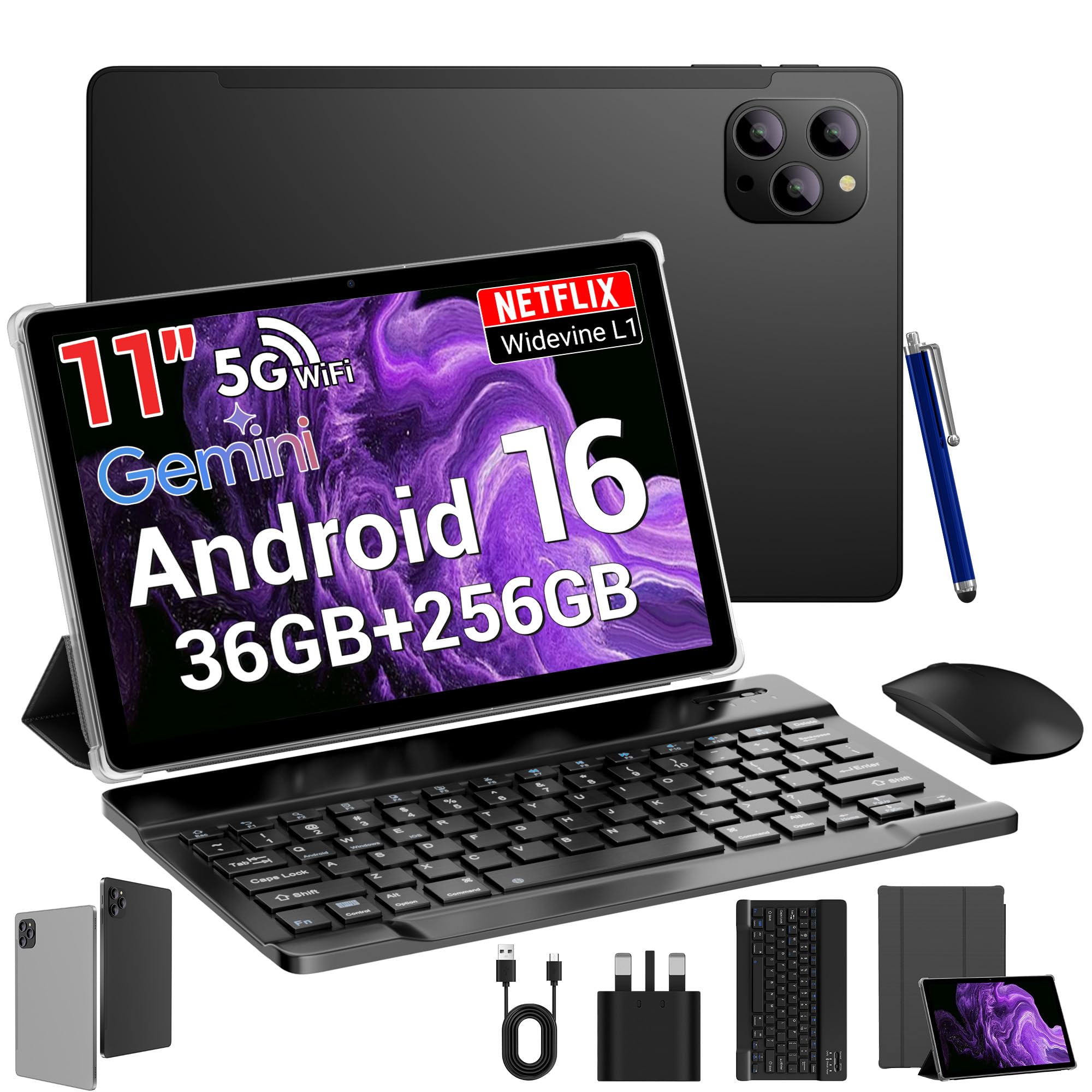 Photo 1 of ROSYVIBE 2025 Slim 11 Inch Android 16 Tablet with Keyboard,Stylus & Mouse, 2K IPS Widevine L1, 36GB RAM 256GB (1TB TF), 8000mAh, T615 8-Core,8+13MP, 5G/2.4G WiFi, FCC/CE Certified - Black