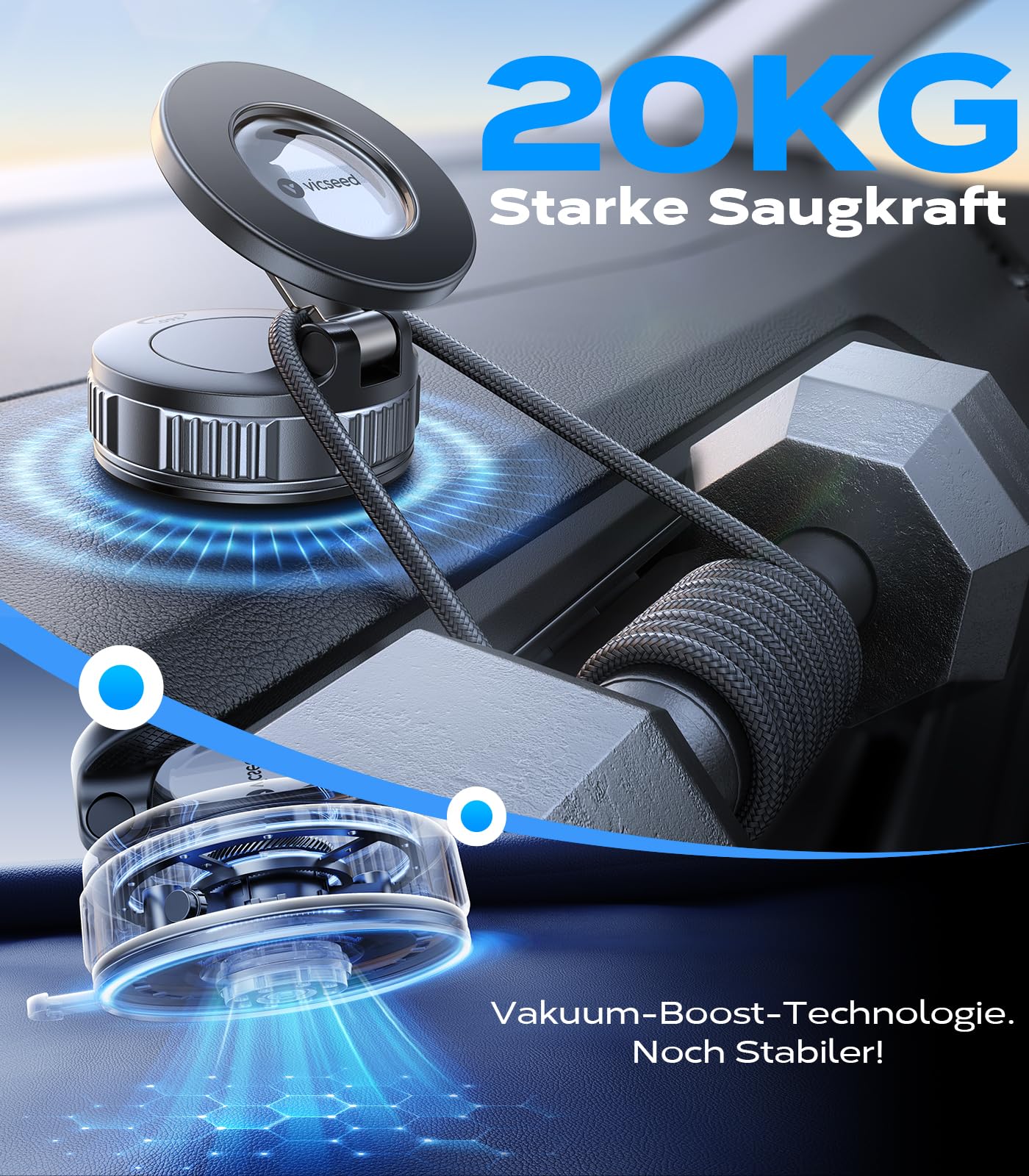 VICSEED Militärische Handyhalterung Auto Magnet für Magsafe Autohalterung [20XN55 Magnets & 20KG Vakuum Saugnapf] 360°Drehbar Magnetische Kfz Handy Halterung Auto für iPhone17 Pro Samsung Alle Handy 3