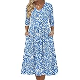 Zeagoo 3/4 Sleeve Women's Dress Casual Midi Tshirt Dresses with Pockets Empire Waist Summer Semi-Formal Boho Beach Sundress