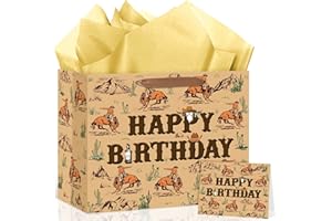 Wauprant Cowboy Birthday Gift Bags,Brown Western Rodeo Cowboy Wrapping Paper Gift Bag with Handles Greeting Card and Paper,Ri