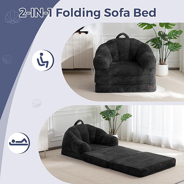 MAXYOYO FOLDING SOFA BED, 2 IN 1 CONVERTIBLE SOFA TO LOUNGER COMFY SINGLE BEAN BAG CHAIR FOR ADULTS, FLOOR SLEEPER COUCH WITH HANDLE, FAUX FUR COUCH BED FOR LIVING ROOM BEDROOM, BLACK
