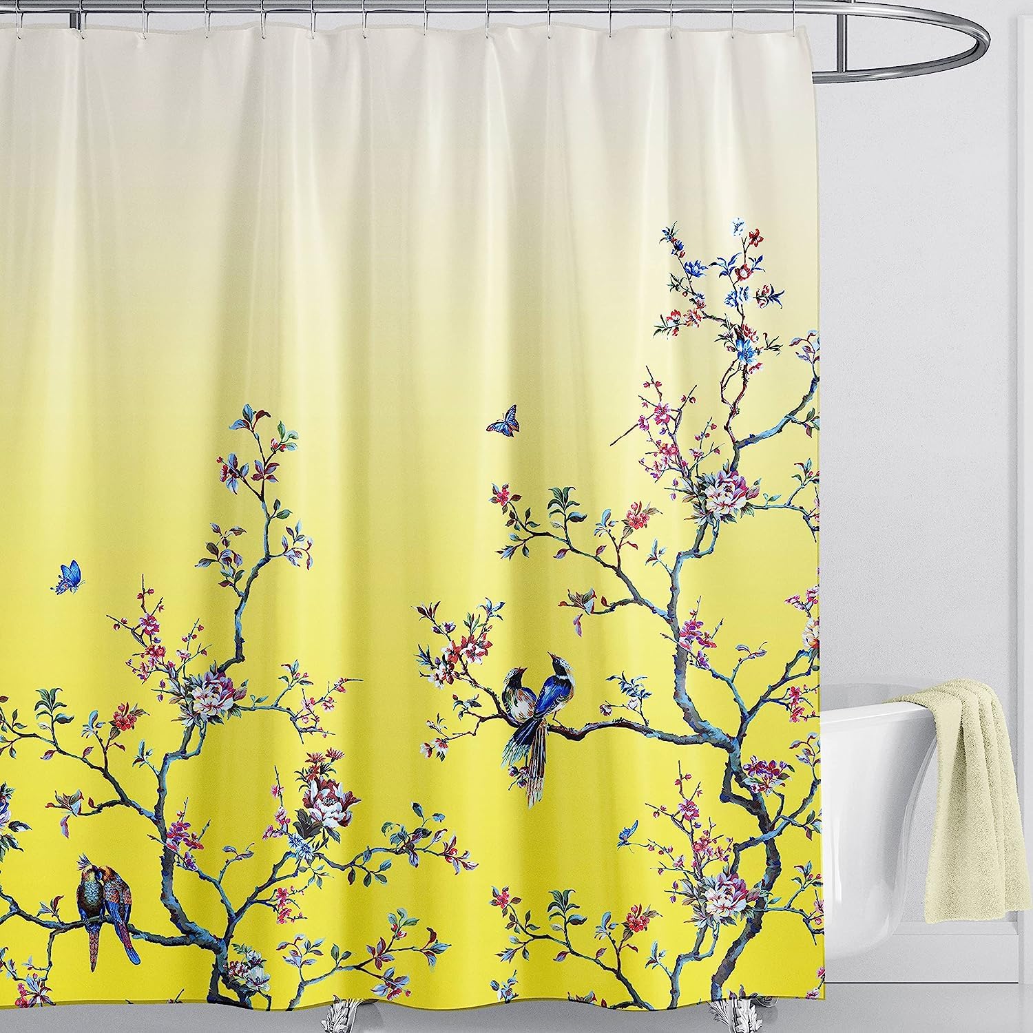 LIVETTY Yellow Bird Floral Shower Curtain 180cm × 180cm Mould Proof Butterfly Fabric Bathroom curtain For Women & Men With 12 Hooks Washable Quick-Drying Curtains