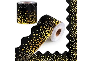 Aodaer 65.6 Feet Bulletin Board Borders Black with Gold Foil Dot Glitter Borders Trim Straight Scalloped Board Poster Decorat