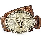 BISON DENIM Mens Western Cowboy Belt - Longhorn Cow Pattern Buckle with Printed Engraved Buckle Strap Adjustable