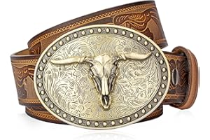 BISON DENIM Mens Western Cowboy Belt - Longhorn Cow Pattern Buckle with Printed Engraved Buckle Strap Adjustable