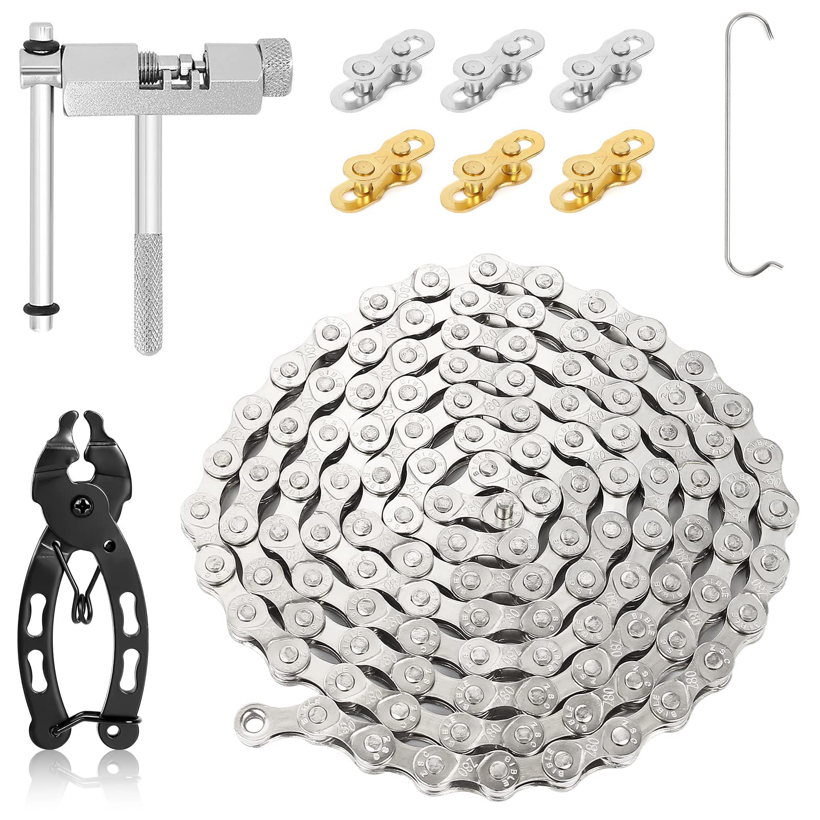 Bicycle Chain 6/7/8-Speed Chain Breaker and Chain Tester Chain Tensioner Bicycle Chain Tool 116 Links 1/2 x 11/128 Inch with Chain Lock Pliers Chain Remover and 6 Pairs of Chain Lock