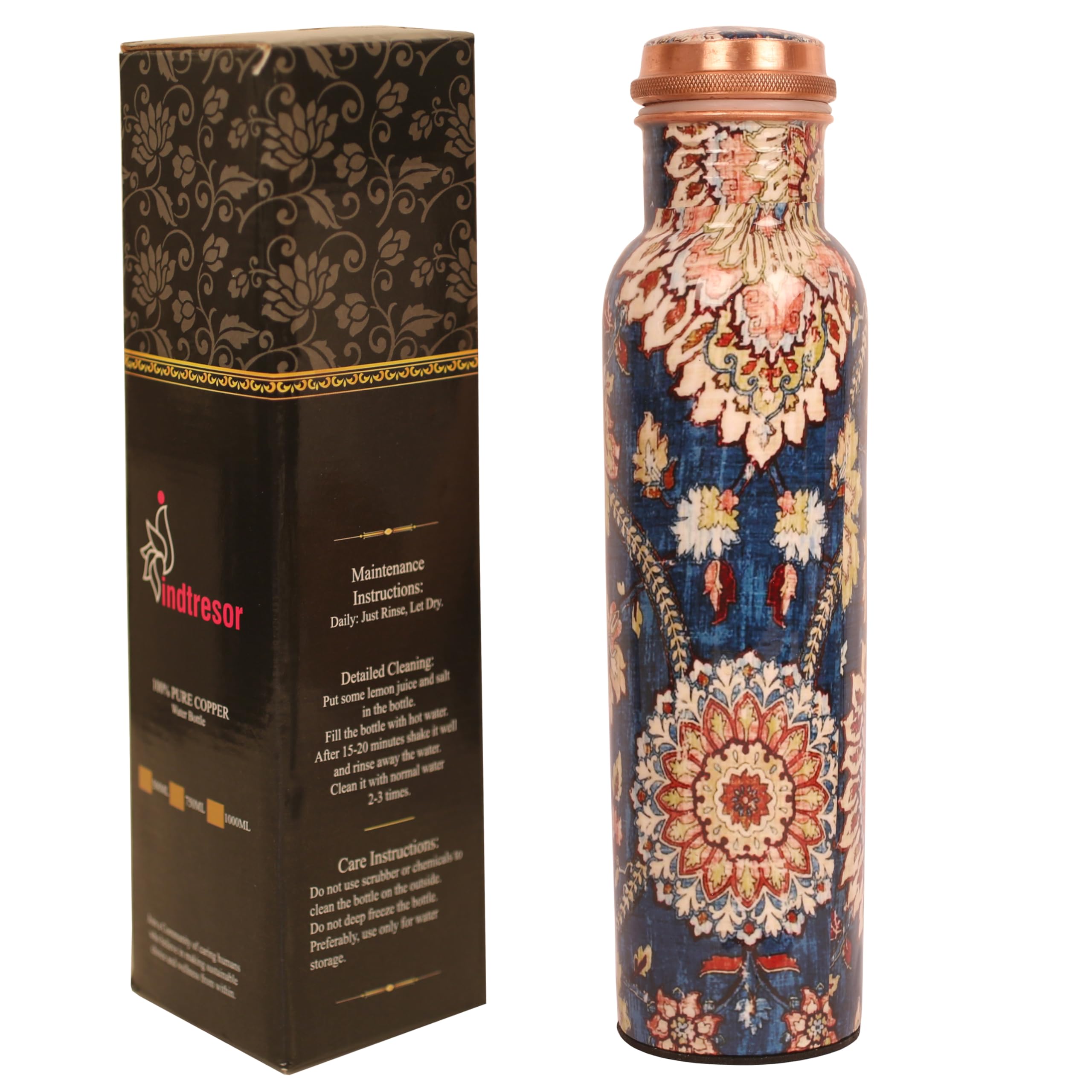 INDTRESOR Pure Copper Water Bottle - Handcrafted - Ayurveda health benefits - Large 35 oz - Leak proof - Easy to carry for Sports, Fitness, Yoga, School - Indigo Blue Base Floral Patterns Enamel