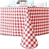 Heavy Duty, Waterproof 52x90 Vinyl Tablecloth 1 Pack. Wipeable, Red Checkered Gingham Table Cloth for Country BBQs, Picnics or Card Tables. Great Square, Oilproof Table Covers with Flannel Backing.