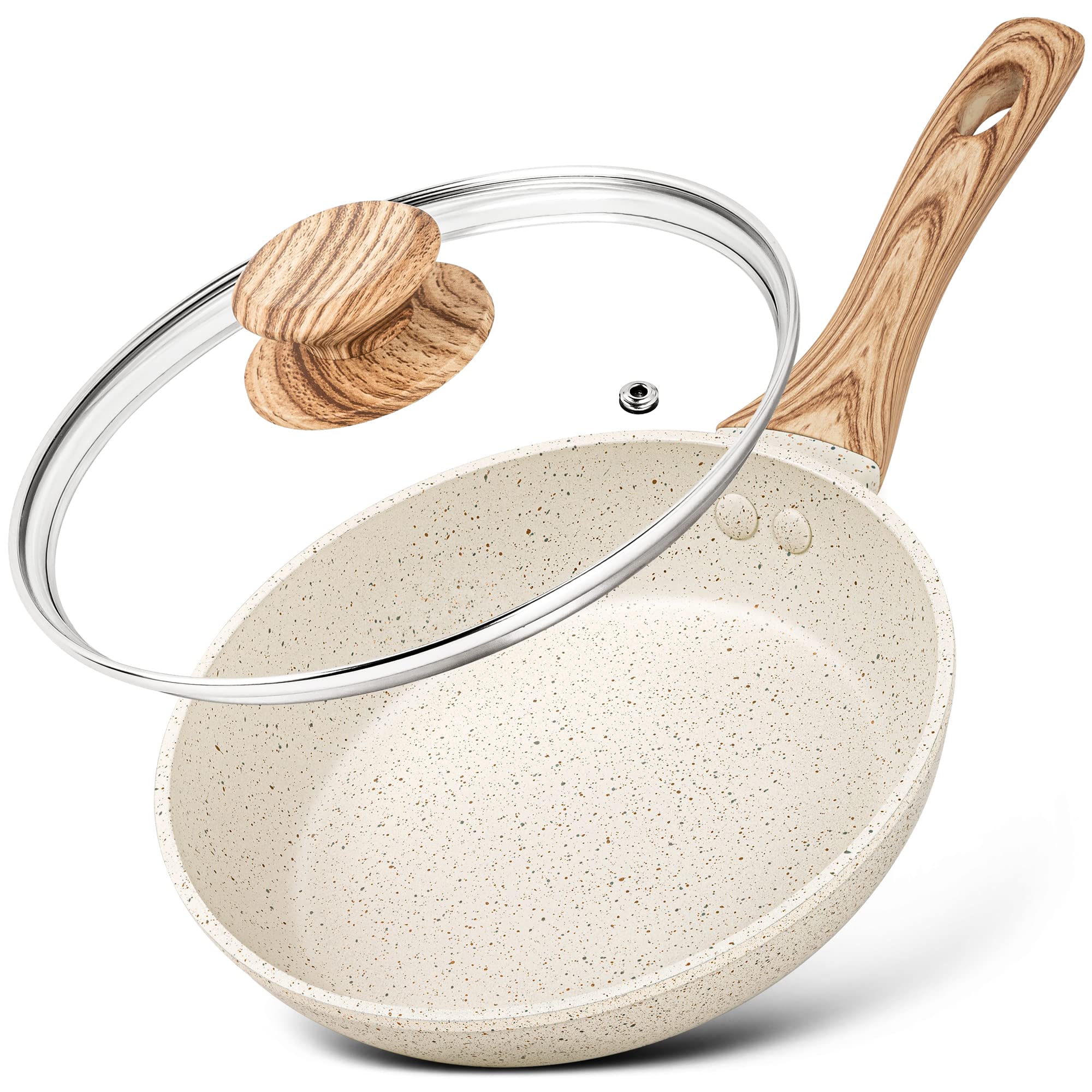 MICHELANGELO Frying Pan with Lid 20cm, Non-Toxic Stone-Derived with Bakelite Handle, Small Pan for Induction, Cream White