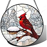 CRISGIF Stained Glass Window Hanging Cardinal Bird Winter Snow Scene 7.8" - Suncatcher Door Garden Sunroom Sun Catcher Home Decor Birthday Christmas for Mom Men Woman Nana