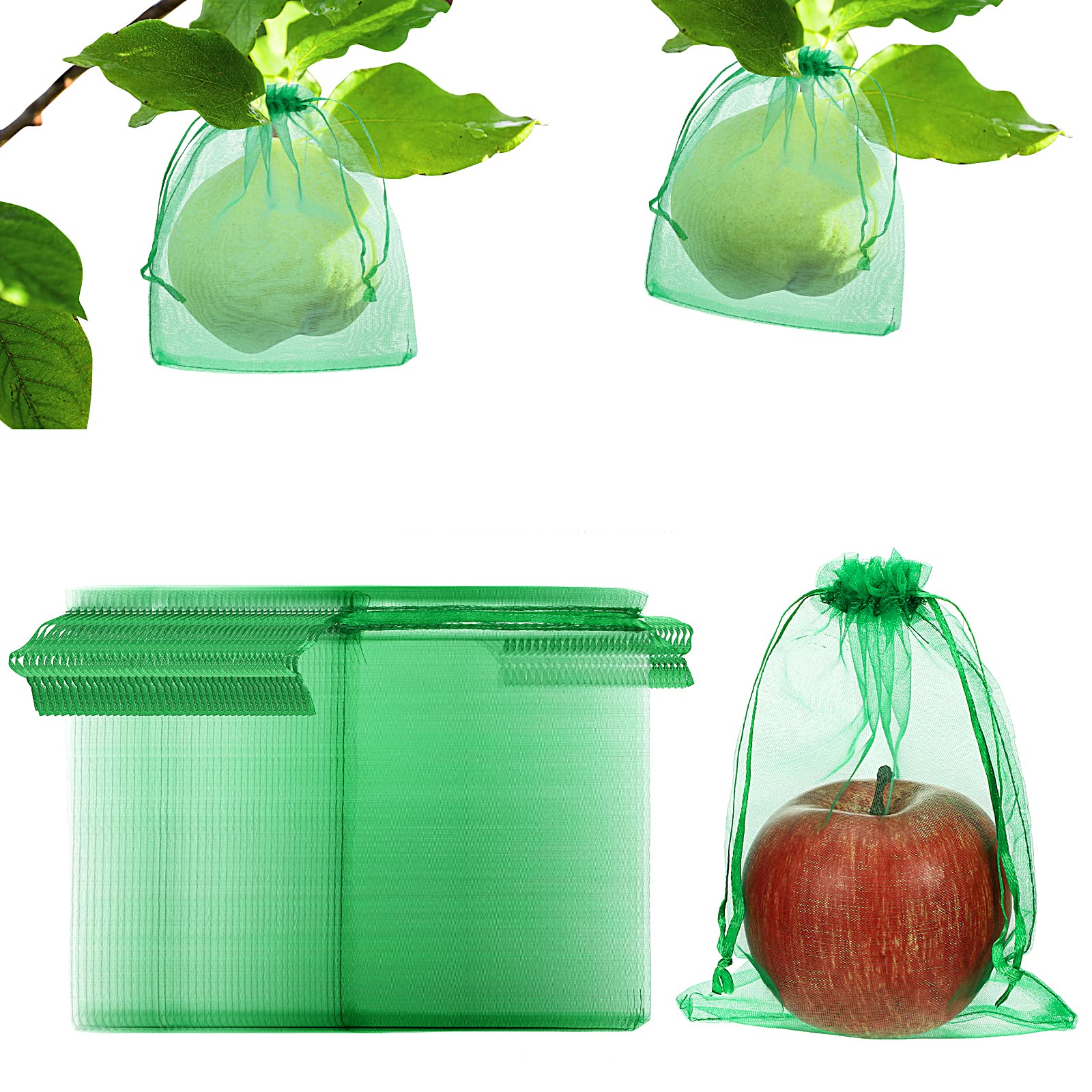 Photo 1 of 100 Pcs Fruit Protection Bags, Fruit Netting Bags for Fruit Trees Fruit Garden Cover 5 x 7 Inch Mesh Bag with Drawstring Netting Barrier Bags for Protecting Plant,Fruit,Flower and Vegetables (Green)