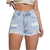 SHENHE Women's Ripped Jean Shorts Frayed High Waisted Summer Distressed Denim Shorts