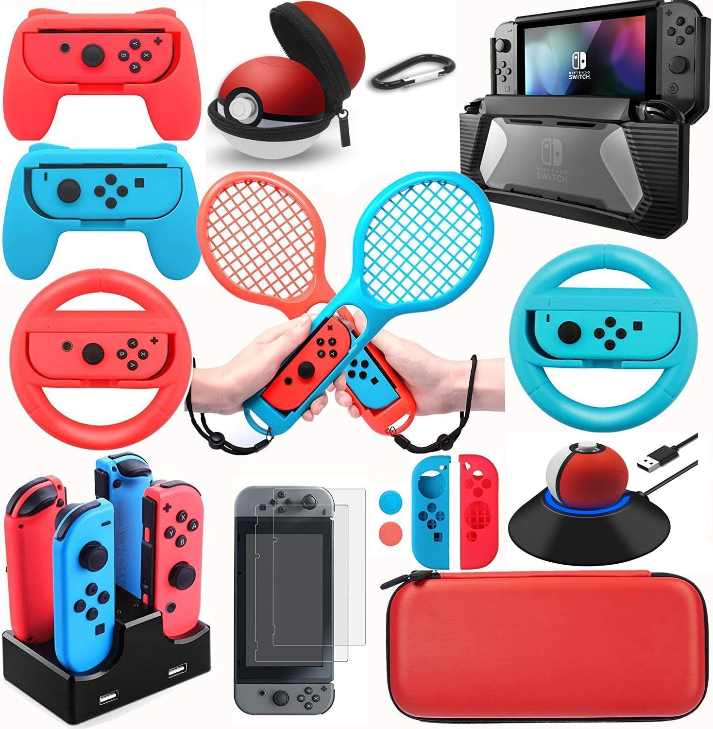 Accessories Kits for Nintendo Switch Games Starter Wheel Grip Caps Carrying Case Screen Protector Bundle Controller Charger Consoles Console Ball Fighter Bundles Controllers Wii Joycon (22 In 1)
