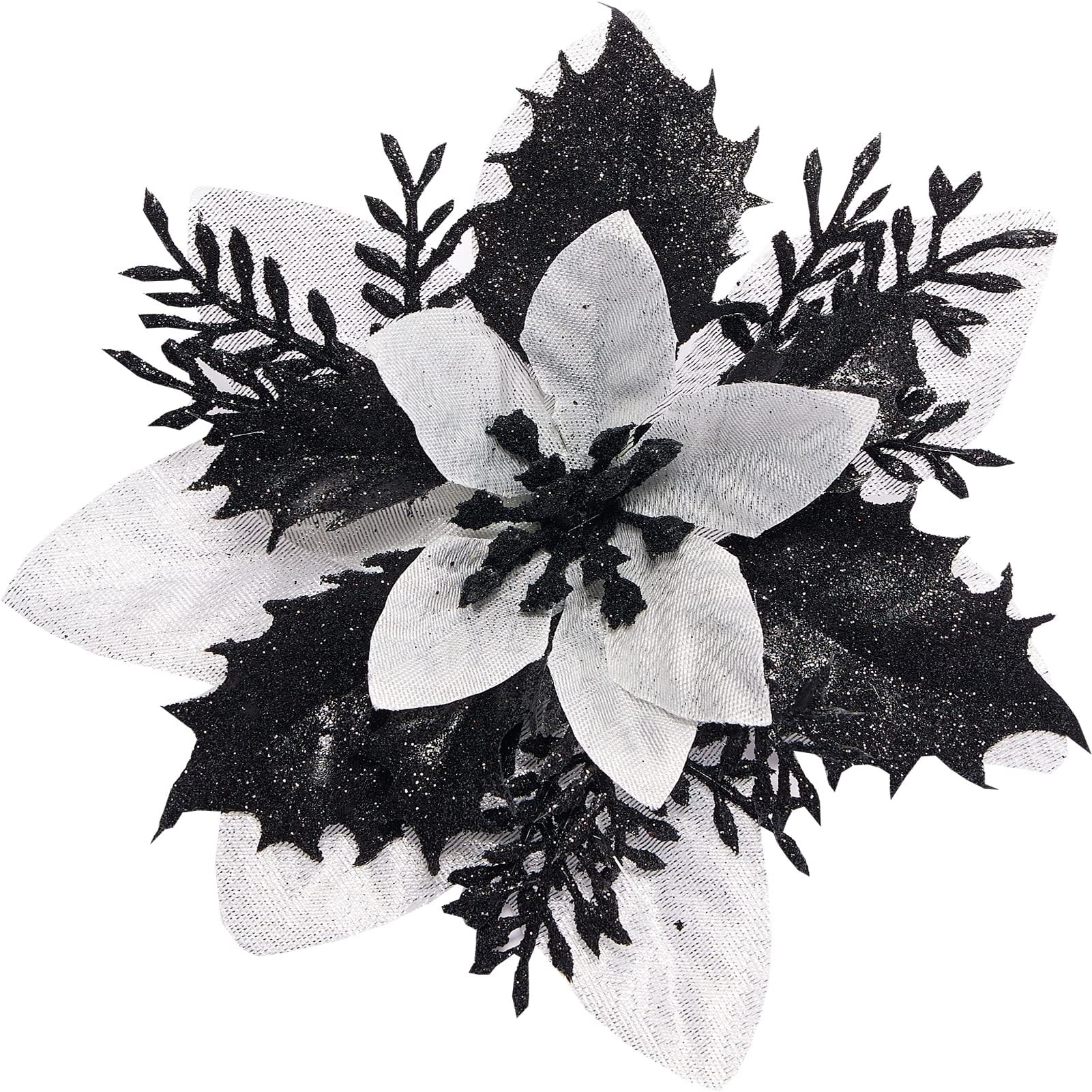 Photo 1 of 15Pcs Christmas Poinsettia Artificial Flowers Decorations, Glitter Poinsettia Christmas Tree Ornaments, Black Tree Flowers for Xmas/Wedding/Holiday/Wreath/Garland Decor, with Cilps, 5.5 Inch