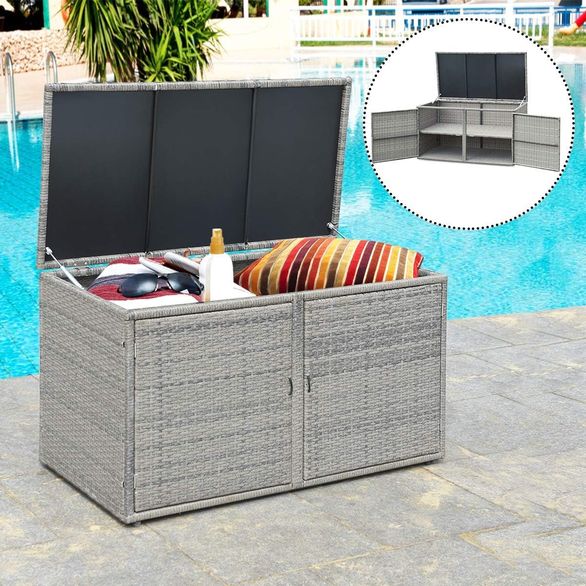 Tangkula Outdoor Wicker Storage Box, Garden Deck Bin with Steel Frame, Rattan Pool Storage Box with Lid, Ideal for Storing Tools, Accessories and Toys, 88 Gallon Capacity (Grey): Home Improvement