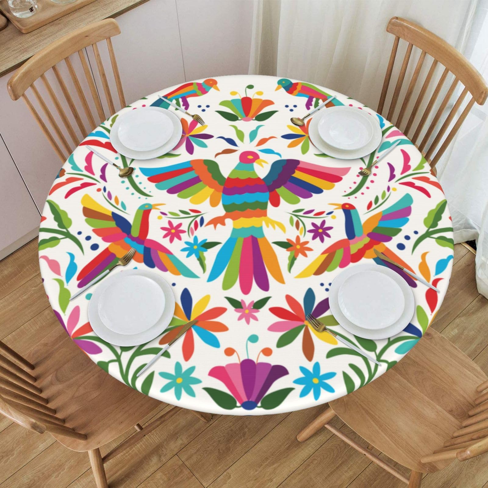 Photo 1 of FATTTYCY Round Table Cloth Mexican Flower Bird Tablecloth Elastic Edge Fitted Table Cover Fits Tables Up to 40"-44" Diameter