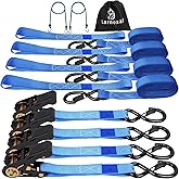 Ratchet Straps 4 Pack - 2,200 Lbs Break Strength 1 in x 15 Ft Medium Duty Ratchet Tie Down Straps with S Hooks Set for Truck, Cargo Van, Trailer, Motorcycle (Blue)