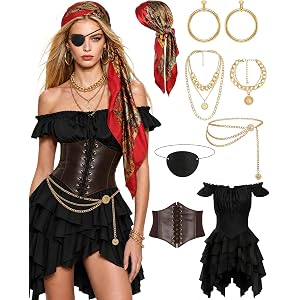 INFLATJOY Womens Pirate Costume Renaissance Medieval Dress with Accessories | 8-Piece pirate Costume for Fairy Goth Halloween