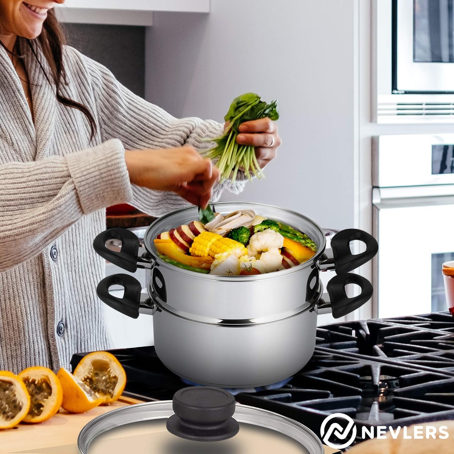 Nevlers Stainless Steel 3 Quart Steamer Pot with 2 Quart Steamer Insert and Glass Vented Lid - 3 Piece Set - Safe and Durable - Great Addition to Every Kitchen: Kitchen & Dining