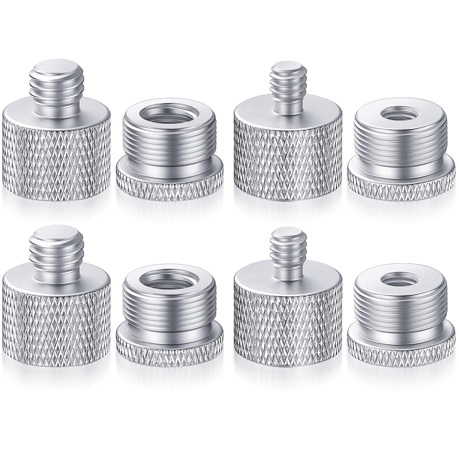 Photo 1 of Moxweyeni 8 Pcs Mic Stand Adapter 5/8 Female to 3/8 Male, 3/8 Female to 5/8 Male, 5/8 to 1/4 and 1/4 to 5/8 Screw Mic Thread Adapter Set for Microphone(Silver)