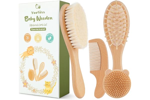Yoofoss 4 Piece Baby Brush and Comb Set, Wooden Baby Brush with Natural Ultra Soft Goat Hair, Baby Hair Brush for Newborn, Ba