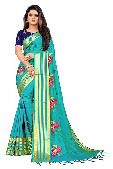 Womens Sana Silk Embroidery Saree with Blouse Piece