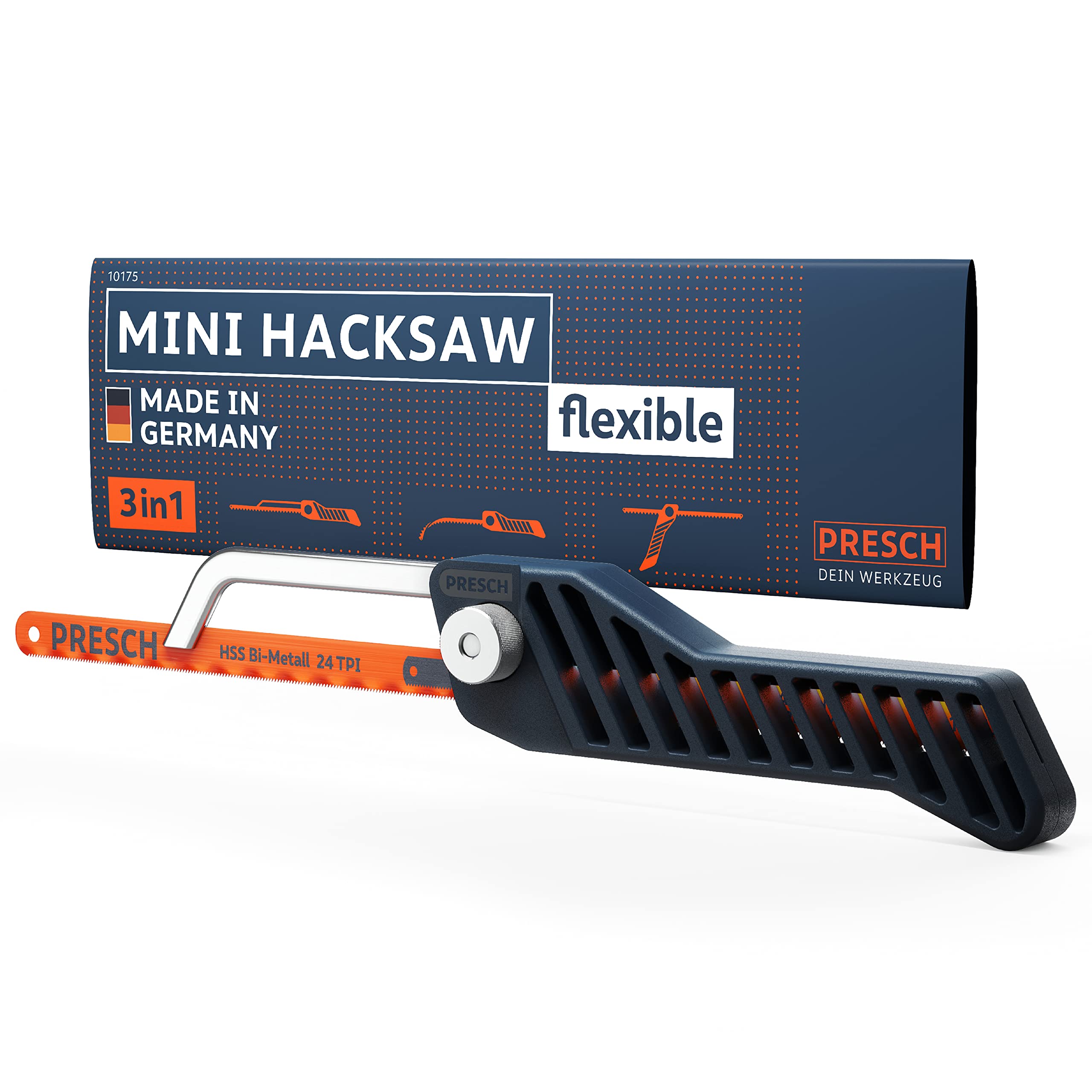 Presch Junior Hacksaw Flexible 300mm - 3 in 1 Saw for Metal Cutting incl. 300mm HSS bimetal Saw Blade - Adjustable & Small - for Metal, Plastic, etc