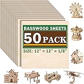 50 Pack Basswood Sheets for Laser Cutting, 12 x 12 x 1/8 Inch, Unfinished Squares Wood Sheets for Crafts - Smooth Surface Plywood for Wood Burning, Engraving, Architectural Models, Painting &amp; Staining