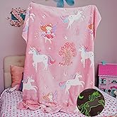 Glow in The Dark Unicorn Blanket for Girls – Soft Pink Fleece Throw. Great Christmas, Birthday, Baby, Toddler Unicorn Gifts for Girls, Fairy, Butterfly, Stars. Bright Long-Last Glow