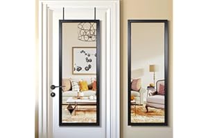 PexFix Door Mirror Full Length 51"x18" Over The Door Rectangle Sleek Black Frame Space Saving Floor Mirror Dressing Hanging Wall Mounted Mirror (US-MHJ002-BK+USAM019)
