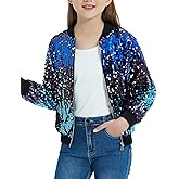 EXARUS Girls Sequin Bomber Jacket with Pockets Sparkle Glitter Lightweight Zipper Long Sleeve Jackets for Kid 6-12Y