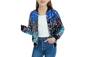 EXARUS Girls Sparkle Sequin Jacket with Pockets Glitter Lightweight Zipper Long Sleeve Bomber Jackets for Kid 6-12Y