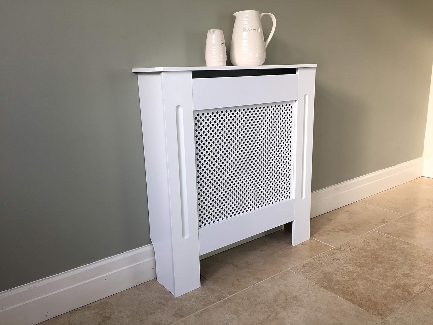 Jack Stonehouse White Painted Traditional MDF Wood Radiator Cover Cabinet with Cross Diamond Design - Mini - Image 5