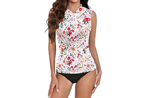 BesserBay Women's Built-in Bra UPF 50+ Rash Guard Sleeveless Zip Front Swim Tankini Top