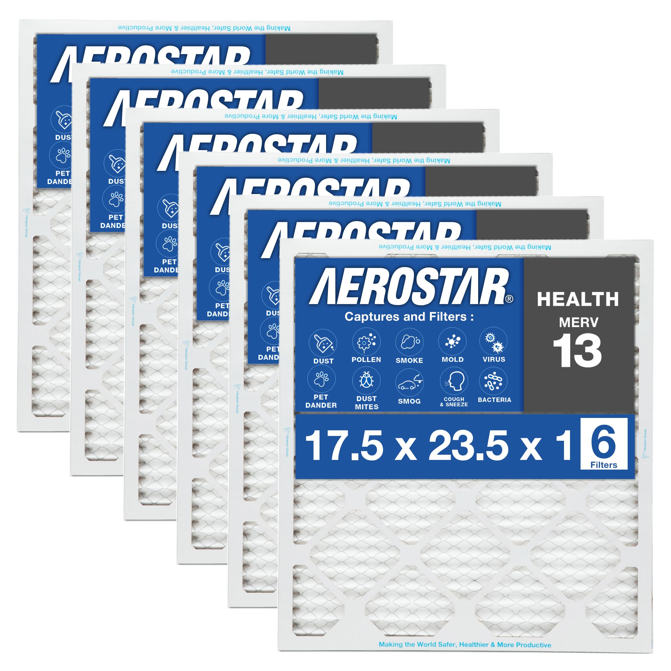 Aerostar 17 1/2x23 1/2x1 MERV 13 Pleated Air Filter, AC Furnace Air Filter, 6 Pack (Actual Size: 17 1/2" x 23 1/2" x 1") Image