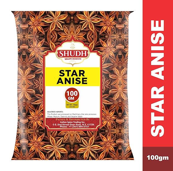 SHUDH STAR ANISE WHOLE 100 GM(3.5OZ), CHINESE STAR ANISE, SUN DRIED ANISE STAR SPICE, ANIS ESTRELLA/BADIAN KHATAI/ILLICIUM VERUM, WIDELY USED FOR BAKING, COOKING, AND TEA