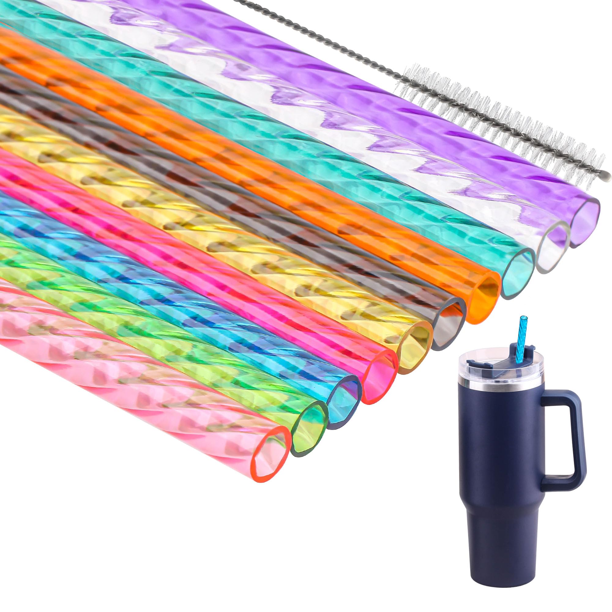 Dakoufish 13 Inch 10 Color Replacement Reusable Drinking Straw for Stanley 64 oz 40 oz 30oz Tumbler,Plastic Swirl Straws for Stanley Cup Accessories,Set of 10 with Cleaning Brush