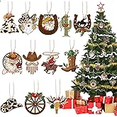 Vercraft 36 Pcs Western Cowboy Ornaments Wooden Christmas Decor for Christmas Tree Vintage Cowboy Hat Cactus Horseshoe Boots Xmas Hanging Ornaments Bulk for Xmas West Theme Decorations