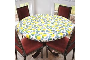 Covers For The Home Deluxe Elastic Edged Flannel Backed Vinyl Fitted Table Cover - Contemporary Lemon Pattern - Small Round - Fits Tables up to 40" - 44" Diameter