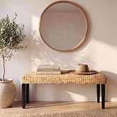 Solid Acacia Wood Entryway Bench with Water Hyacinth Woven Seat, Black Leg | Wicker Bench Indoor for Hallway, End of Bed, Rustic Farmhouse Boho Modern