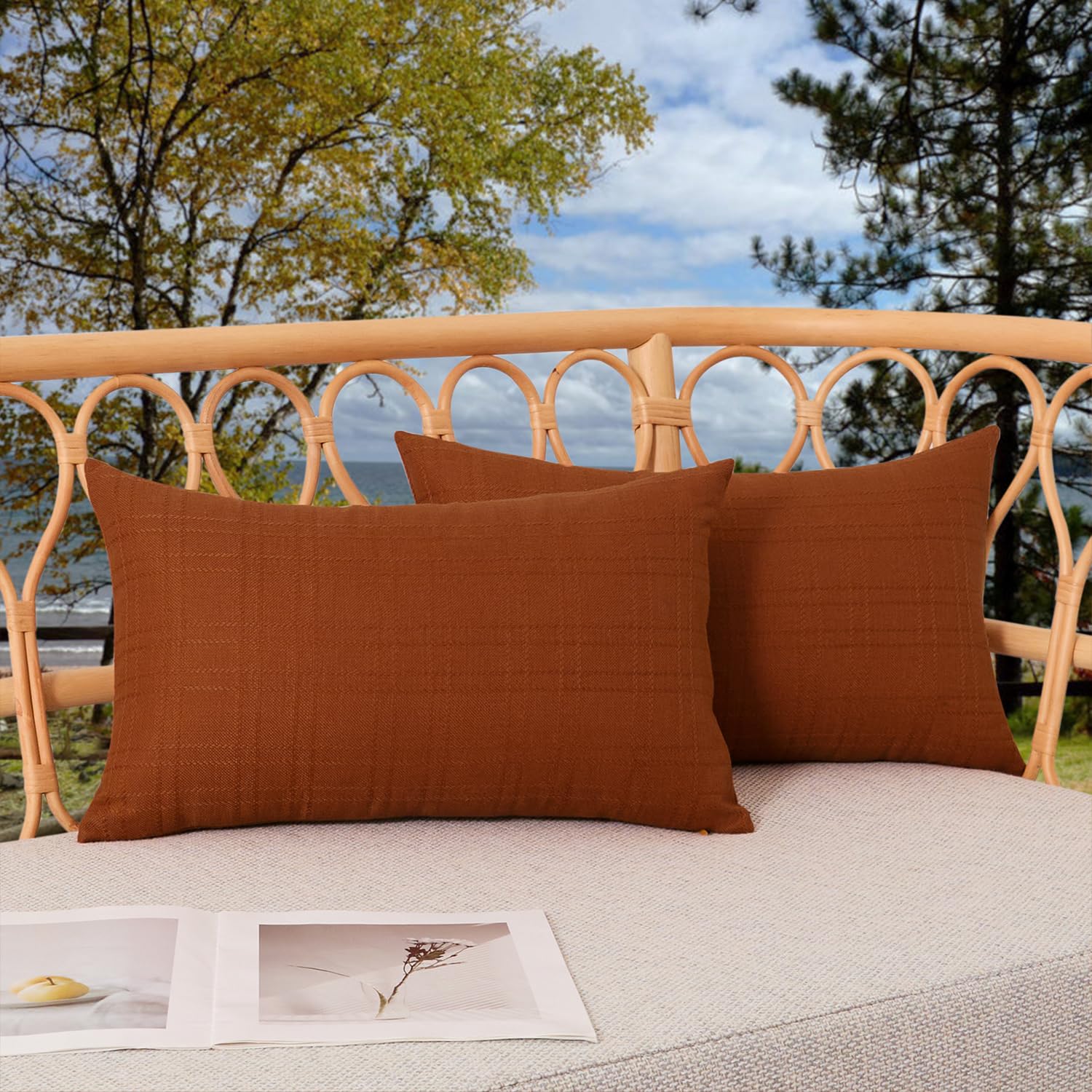 Photo 1 of Kevin Textile Pack of 2 Outdoor Waterproof Pillow Covers Checkered Decorative Cushions Sham Throw Pillowcases Shell for Patio Tent Garden Couch Bed Sofa 20x12 Inch Burnt Orange