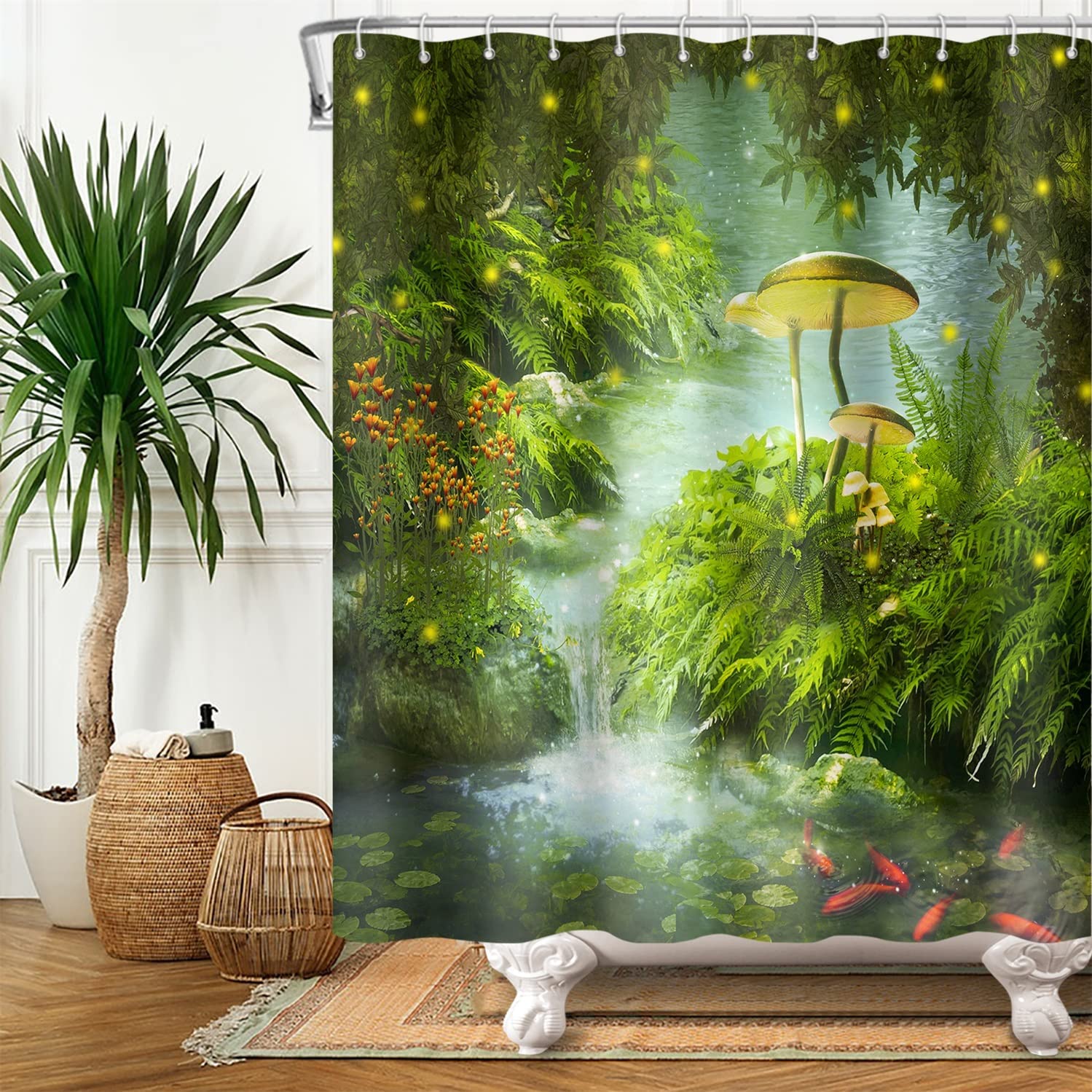 Bovlleetd River Shower Curtain Natural Scenery Green Plants Lotus Leaf Stone Big Mushroom Shower Curtains Waterproof Bathroom Partition Decorative Curtain Beautiful Art Curtain 71x71inch — image 1