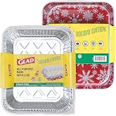 Glad Disposable Aluminum Pans with Lids, Red Snowflakes, 12 x 10 Inch, 2 Ct | Oven-safe foil design, clear lids included, for baking, roasting, and storage, festive holiday print