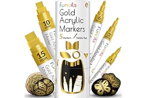 Funcils 5 Acrylic Gold Paint Pen Metallic - Gold Marker Metallic Paint for Wood, Fabric, Canvas, Leaf, Tire, Metal, Glass - Permanent Pen Fine Tip, Thin Point & Jumbo (1mm, 3mm, 6mm, 10mm, 15mm)