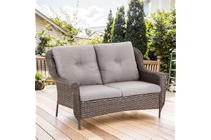Bellefurn Patio Wicker Sofa Brown Rattan Loveseat Outdoor Couch with Chrysanthemum Armest & Water Resistant Cushions Sofa for Garden Balcony Backyard Poolside, Beige Cushions Loveseat(1PC)