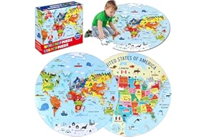 JUSTFORJOYFUL 2 Sets Floor Puzzles World and United States Map Puzzles with Poster World and US Geography Jumbo Round Puzzle for Kids 4-8 Geography Educational Learning Toys Christmas Birthday Gift 70 Pcs