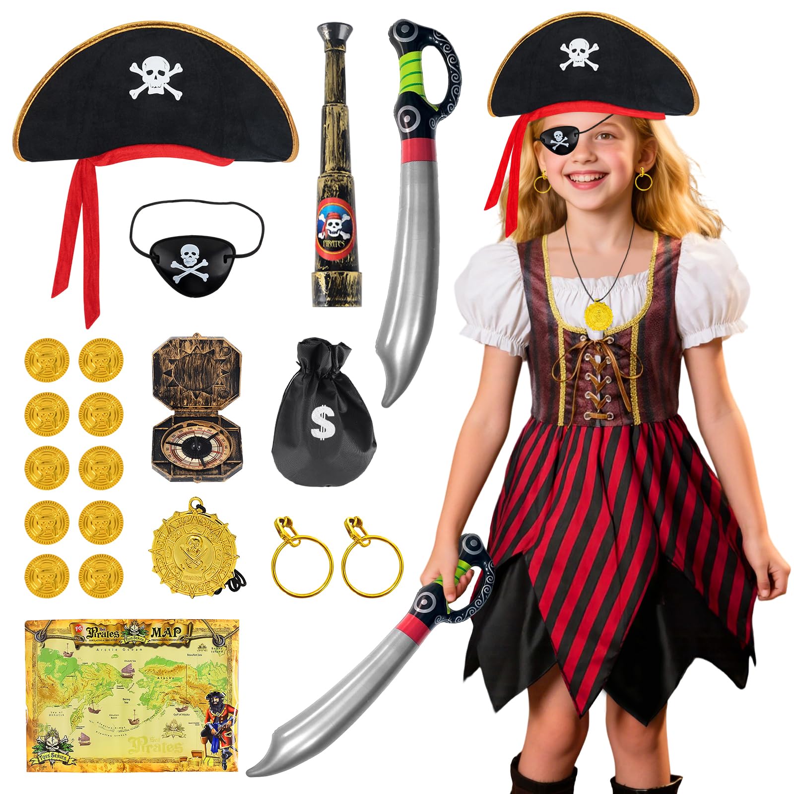 COYBTO Pirate Costume Kids, Pirate Fancy Dress Set with Hat Map Accessories, Girls Pirates Dress Up, Pirates Costume Outfit for World Book Day Cosplay Party Role Play (120)